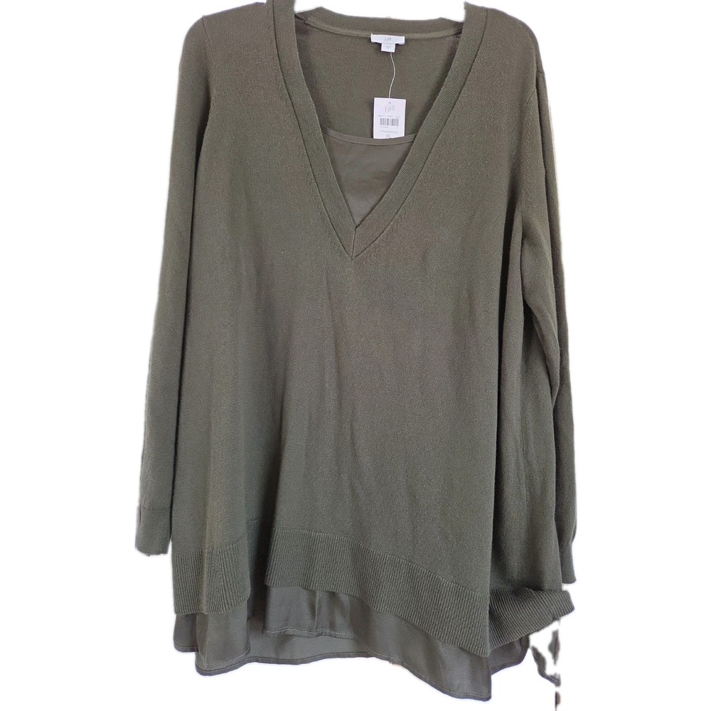 NWT J. Jill Sweater Size XL Green V Neck L/S 2 Layer Look Long Sleeve